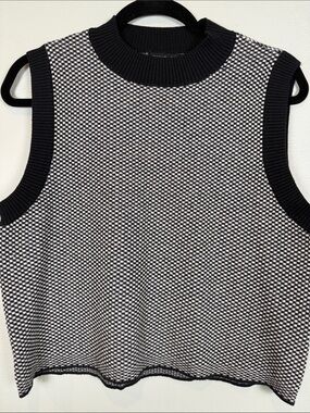 Rachel Zoe Houndstooth Knit Sweater Vest Mock Neck Black White L NWOT Academia